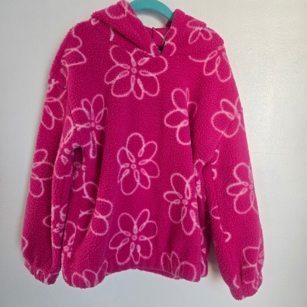 Carters Kids Fleece Hoodie Pink‎ White Flower Print Size 7/7A Cozy Warm NWOT